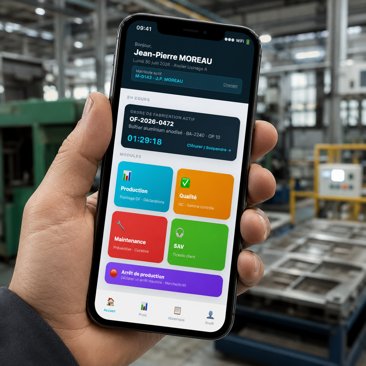 Écran d'accueil de l'application de gestion de production Sage sur téléphone mobile